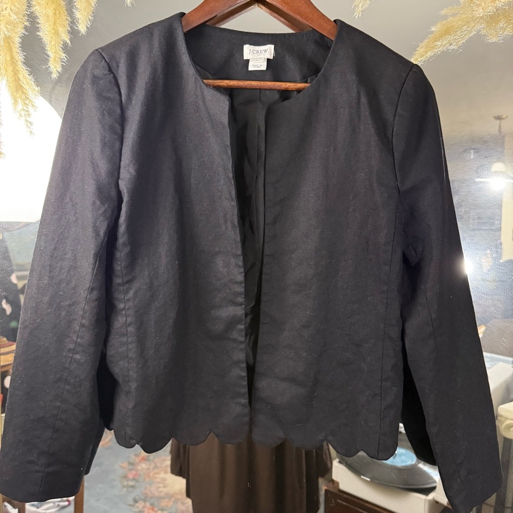 J.Crew Black Cropped Scallop Edge Blazer Linen Cotton Blend Chic Minimalist - Picture 3 of 6